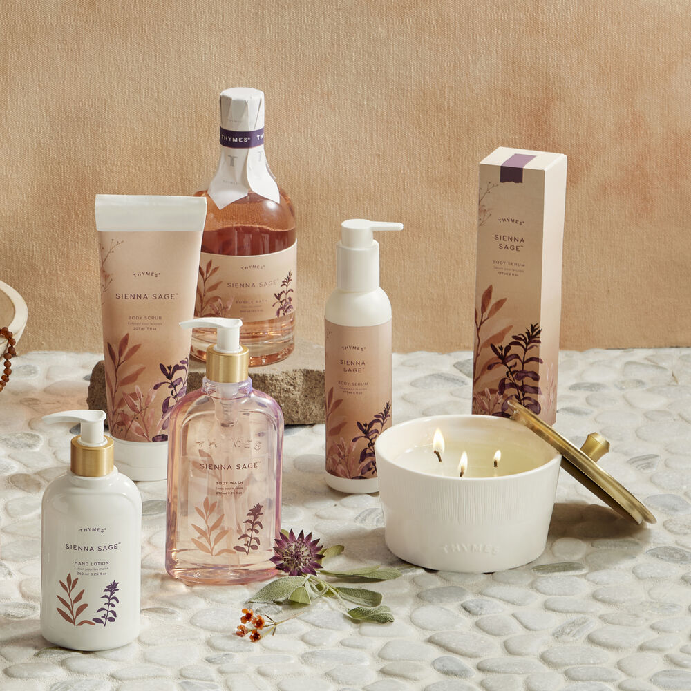 Thymes Sienna Sage Body Care Items on Bathroom Counter image number 3